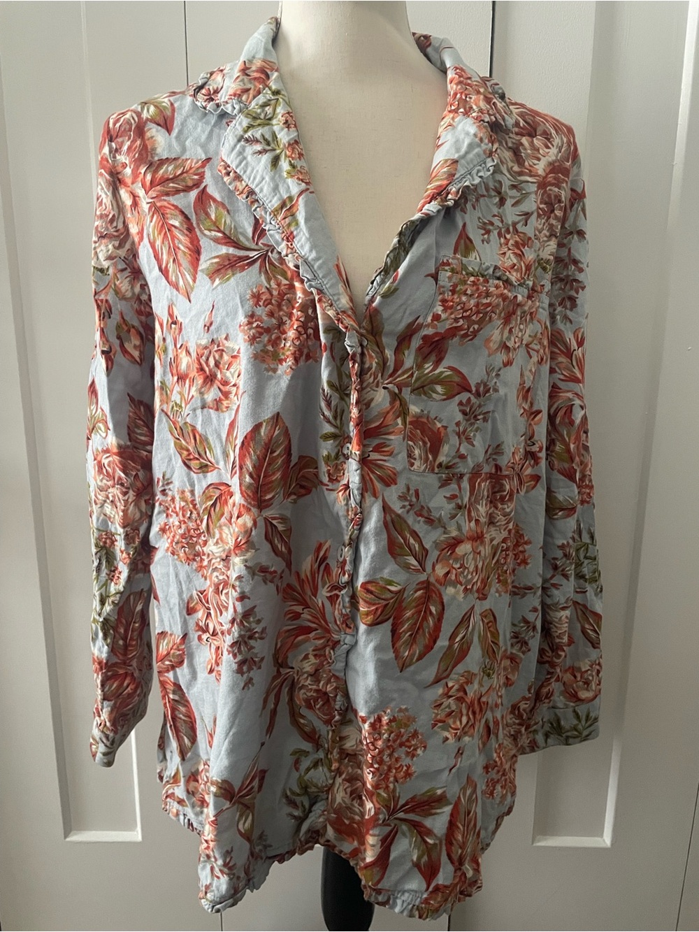 Soft Surroundings large button down floral orange blue cotton blend nightshirt